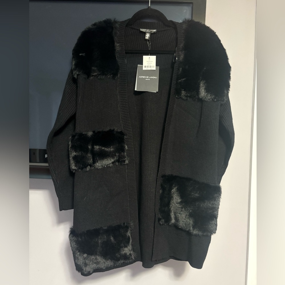 Adrienne Landau Black Cardigan with Faux Fur Accents